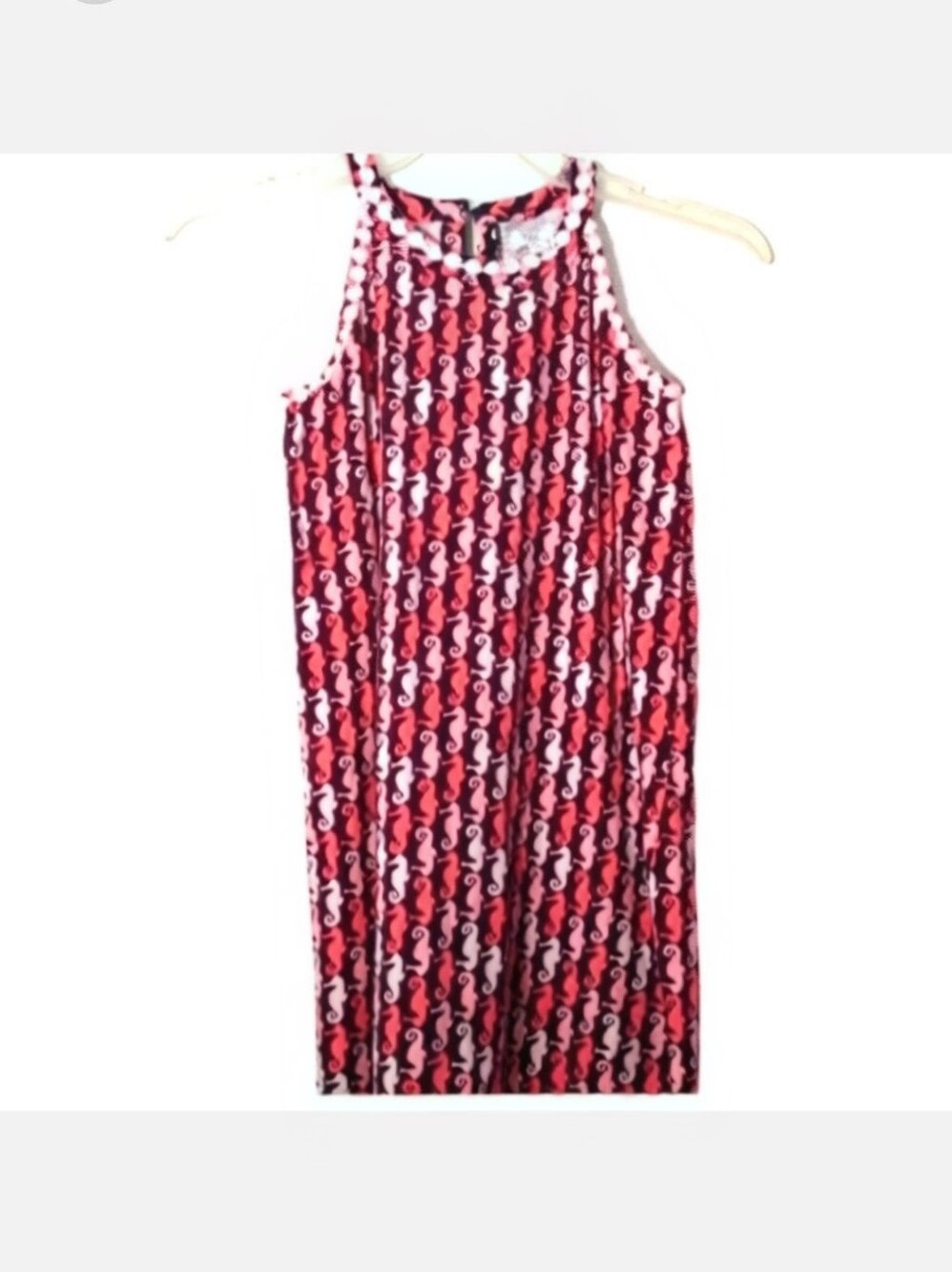 Sleeveless Shift Dress In Navy Blue W Pink Seahorse Print